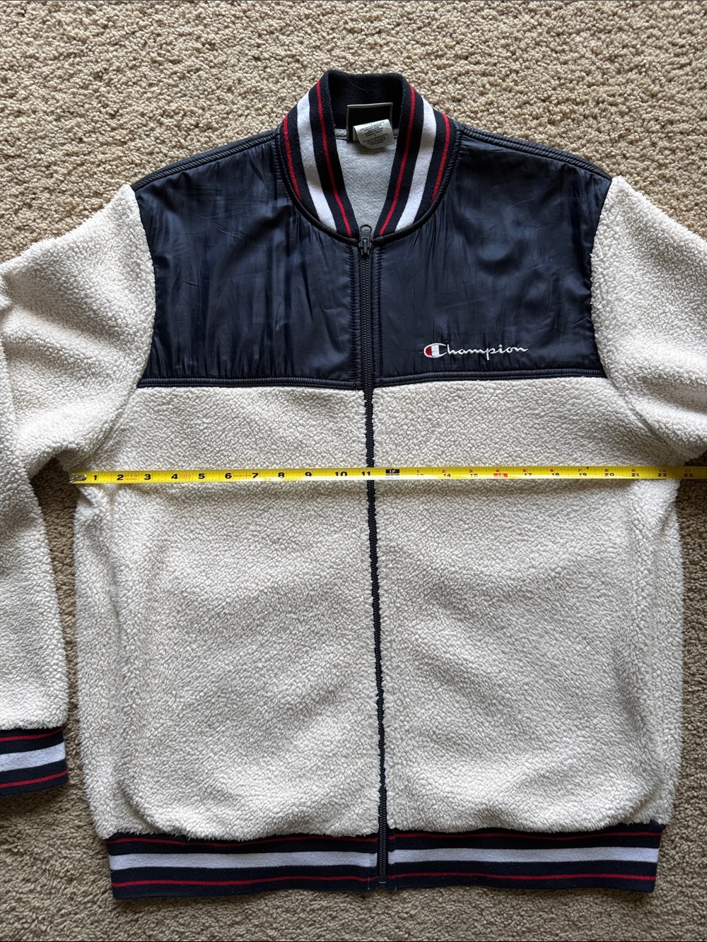 Champion Cream Sherpa Full-Zip Jacket with Navy Yoke and Striped Trim